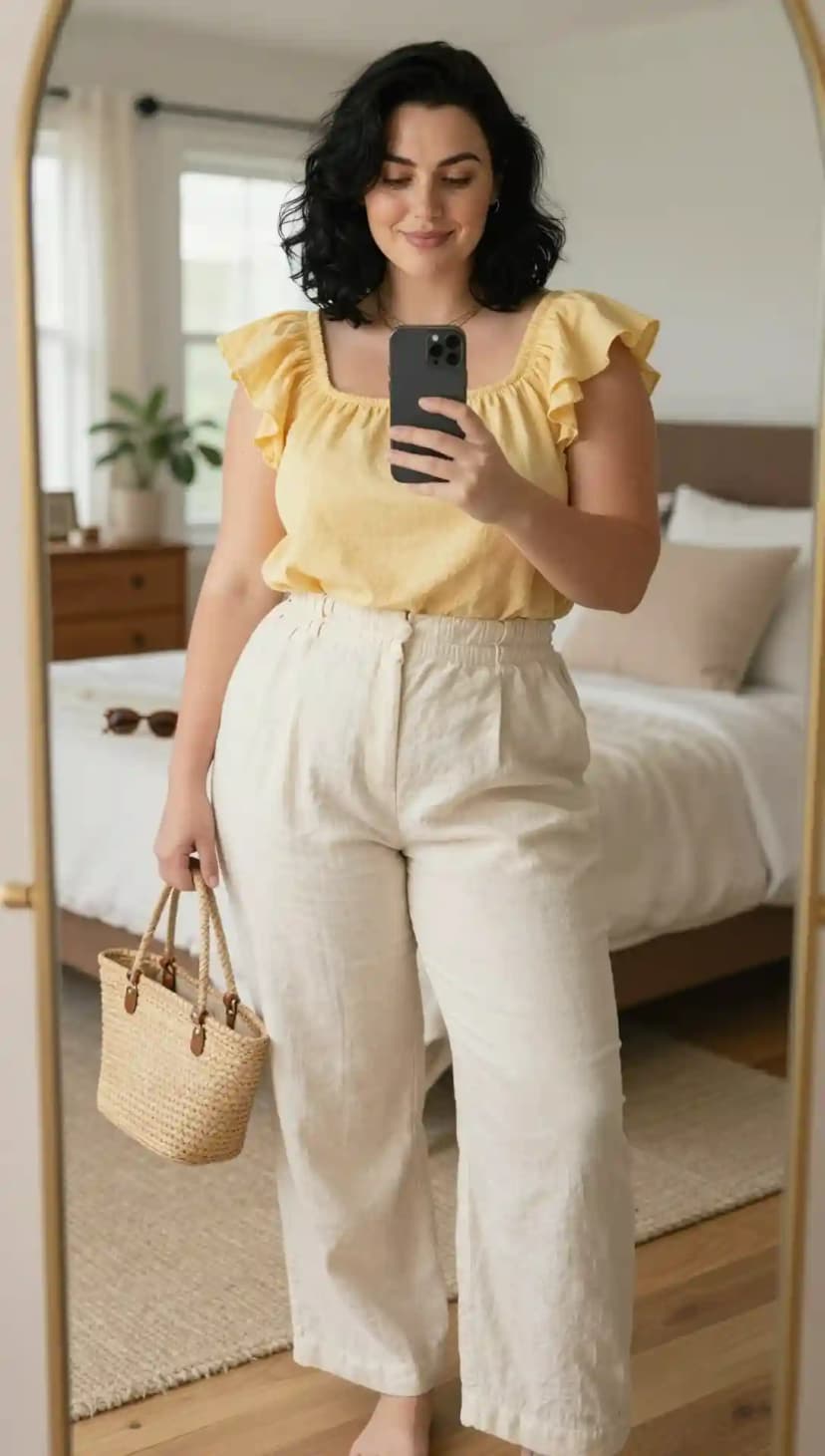 Yellow Cotton Puff Sleeve Top + Cream Linen Wide Leg Pants