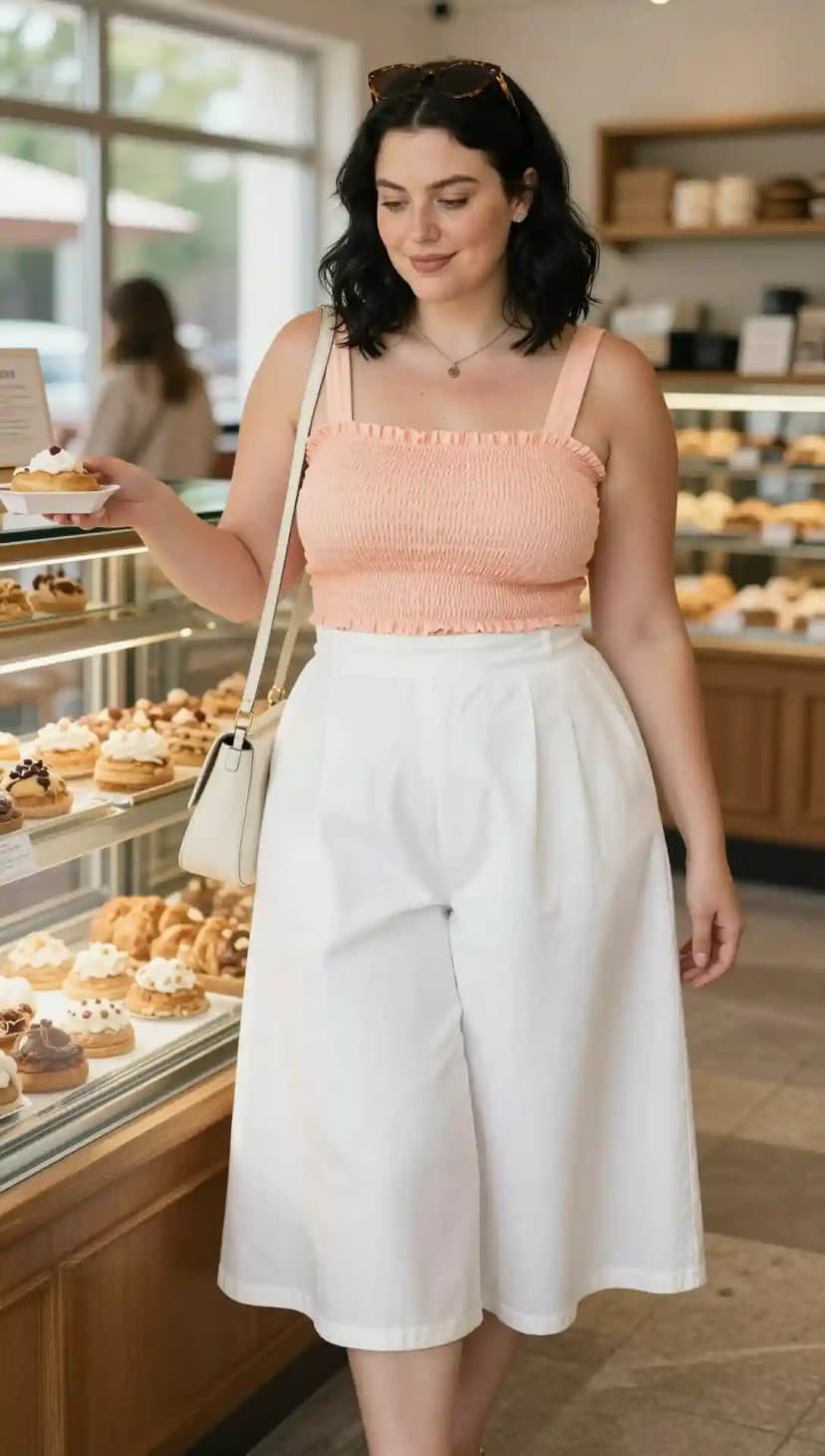 Peach Smocked Cotton Crop Top + White Cotton Wide-Leg Pants