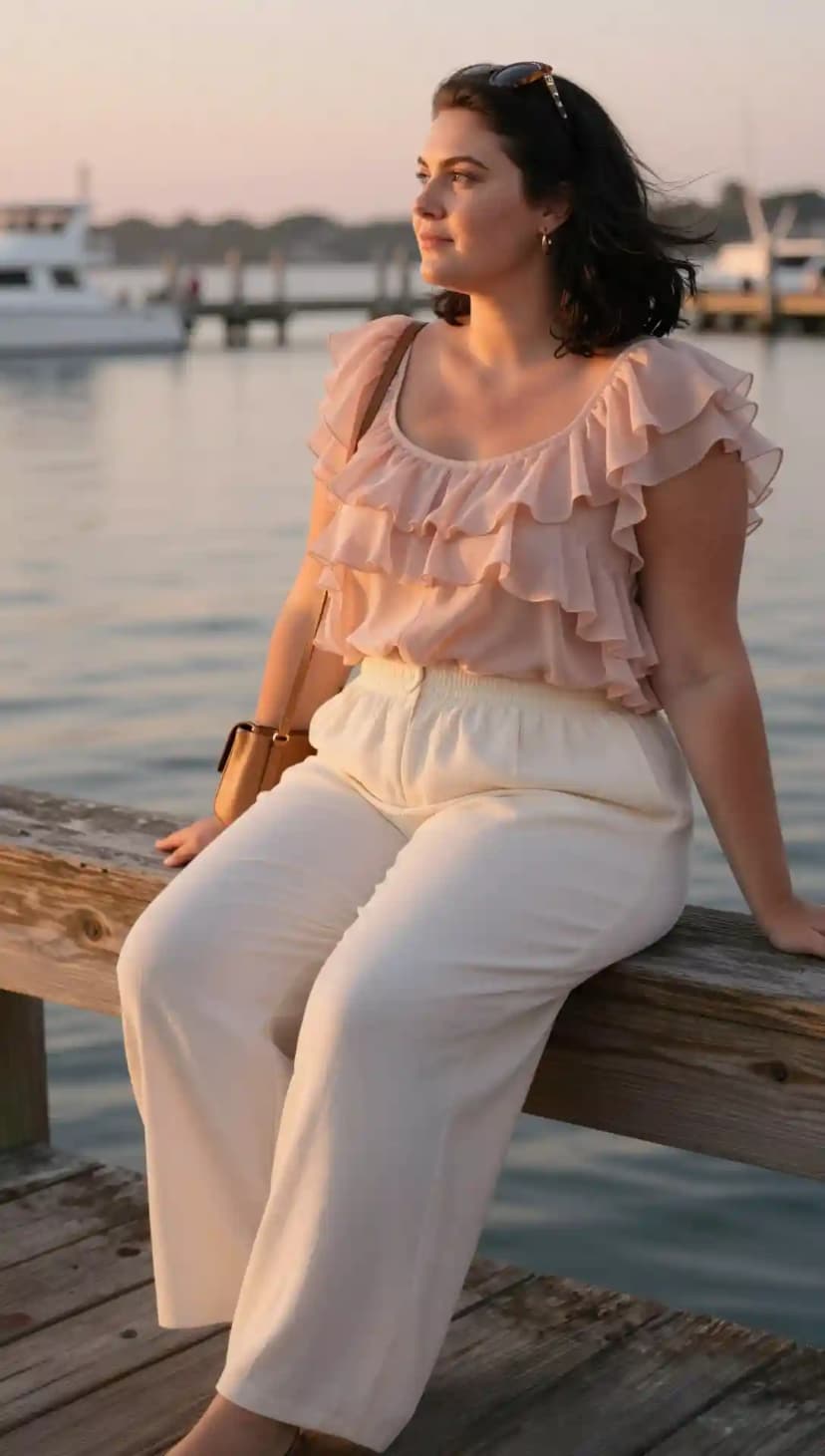 Pink Chiffon Ruffle Top + Cream Linen Wide-Leg Pants