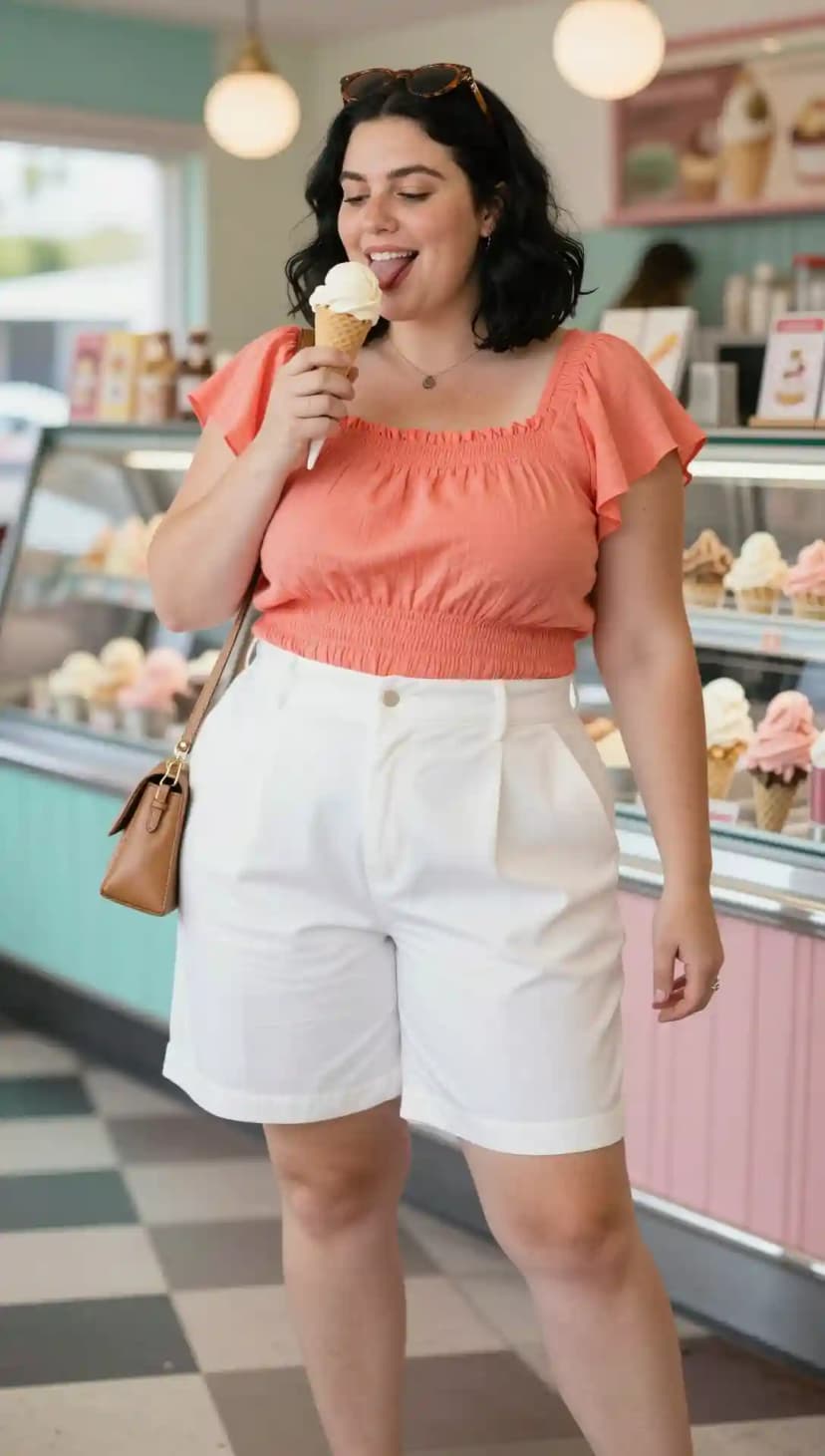 Coral Gauze Smocked Top + White Cotton Blend Bermuda Shorts