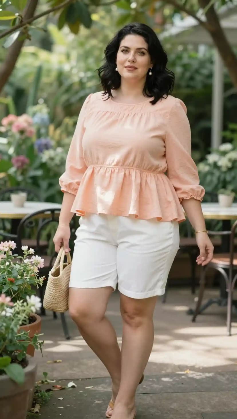 Peach Textured Cotton Peplum Top + White Cotton Blend Bermuda Shorts