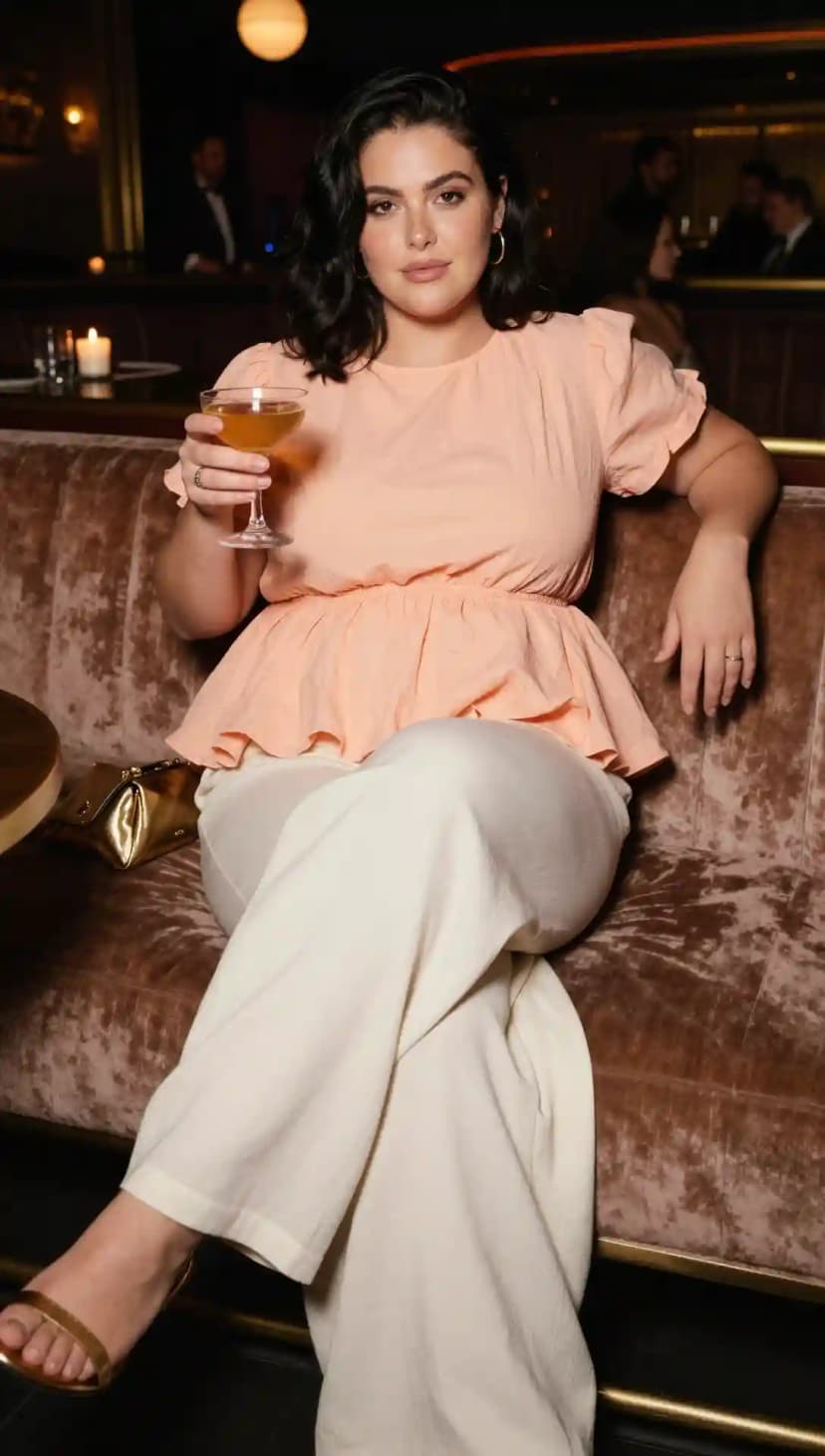 Peach Cotton Peplum Top + Cream Linen Trousers