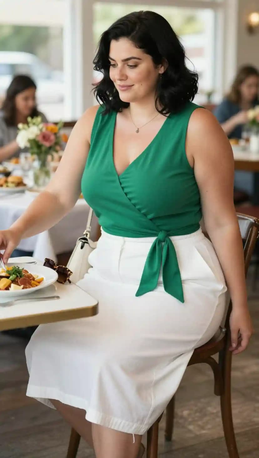 Green Jersey Wrap Top + White Cotton Midi Skirt