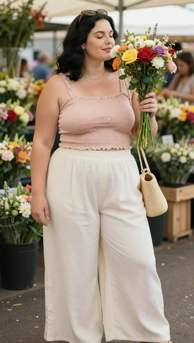 Pink Smocked Crop Top + Cream Linen Wide-Leg Pants
