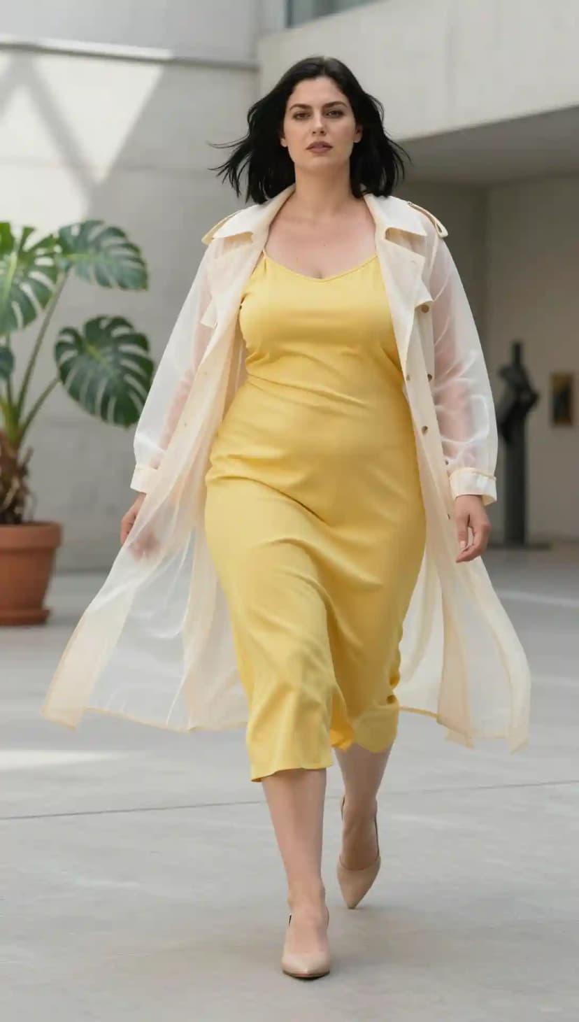 Yellow Satin Slip Dress + Cream Sheer Trench Coat
