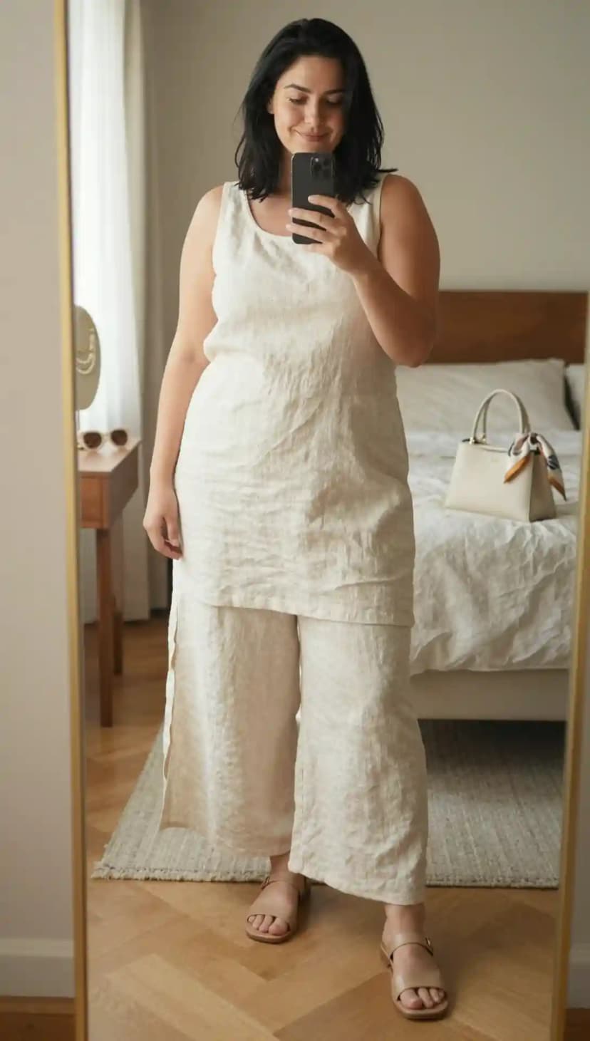 Cream Linen Tank Top + Cream Linen Wide-Leg Pants