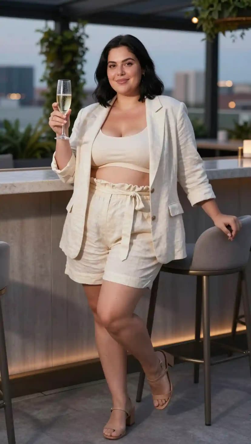 Cream Linen Blazer + Cream Linen Shorts + Cream Knit Bralette