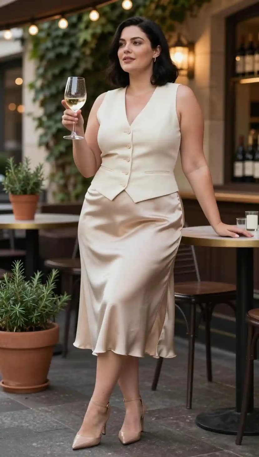 Cream V-neck Vest + Champagne Satin Midi Skirt