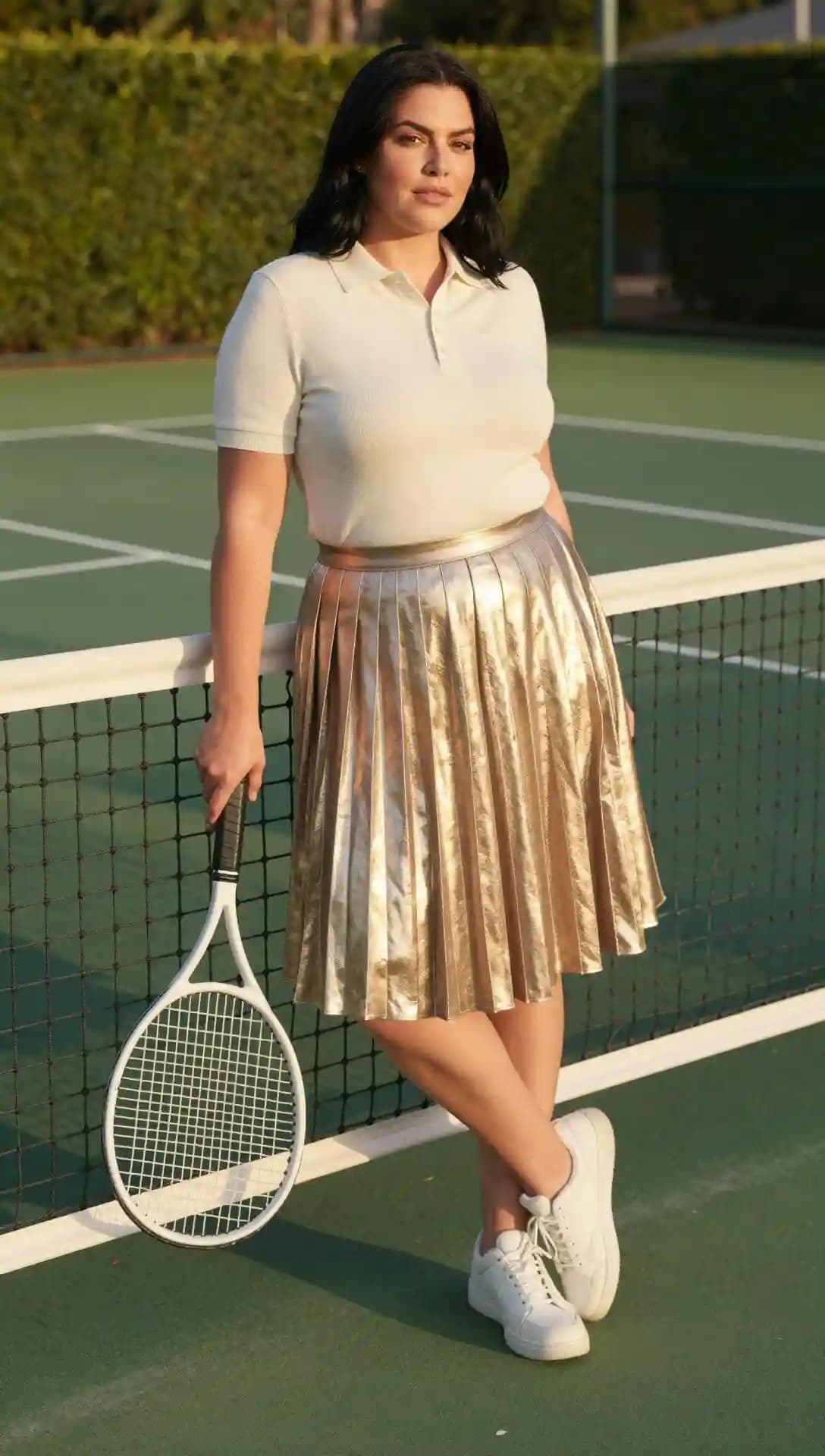 Cream Knit Polo Top + Gold Pleated Faux Leather Skirt + White Leather Sneakers