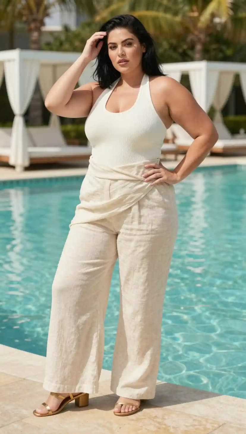 Cream Ribbed Tank Top + Beige Linen Wrap Trousers