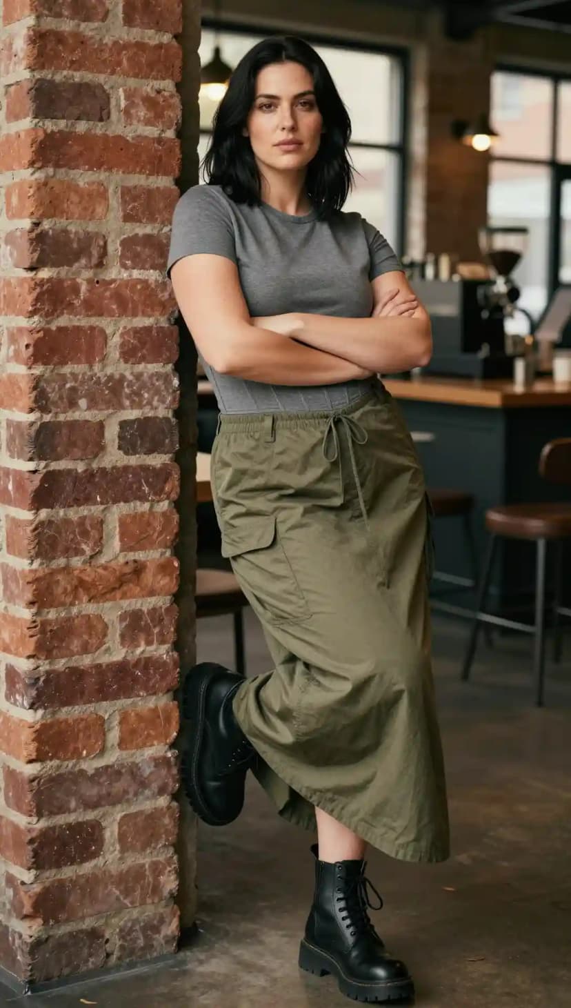 Grey Jersey T-shirt + Olive Twill Cargo Skirt + Black Leather Combat Boots