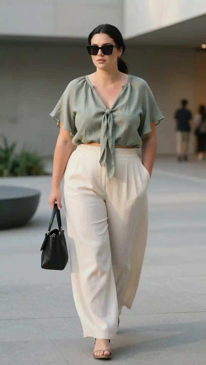 Sage Linen Bow Top + Cream Linen Wide-Leg Pants