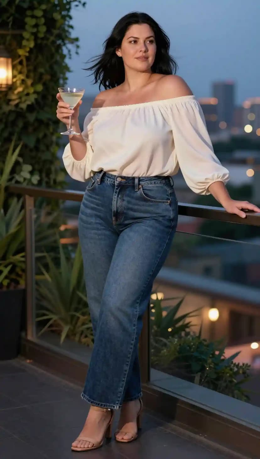Ivory Chiffon Off-The-Shoulder Top + Blue Denim Wide-Leg Jeans