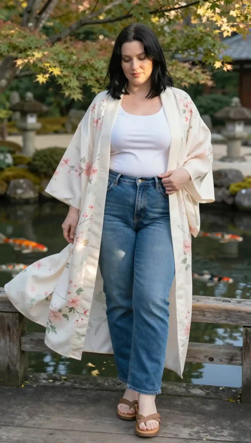 Cream Floral Print Silk Kimono + White Ribbed Tank Top + Blue Denim Jeans