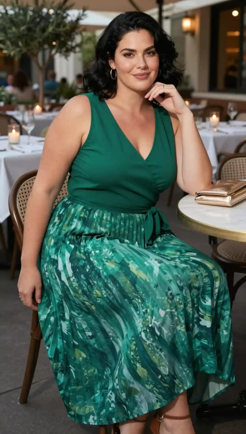 Green Sleeveless Wrap Top + Green Floral Pleated Midi Skirt