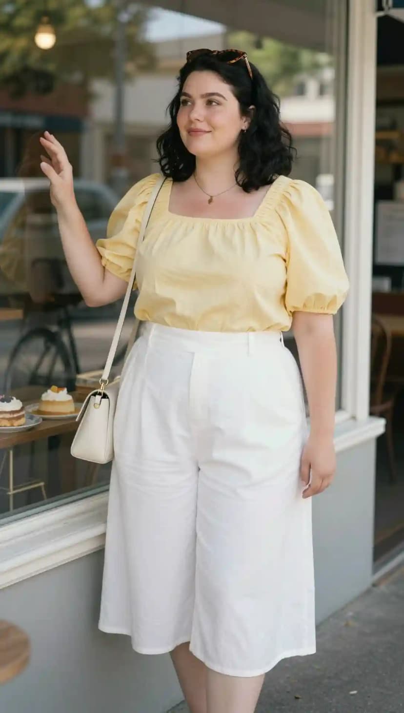 Yellow Cotton Puff Sleeve Top + White Linen Culottes