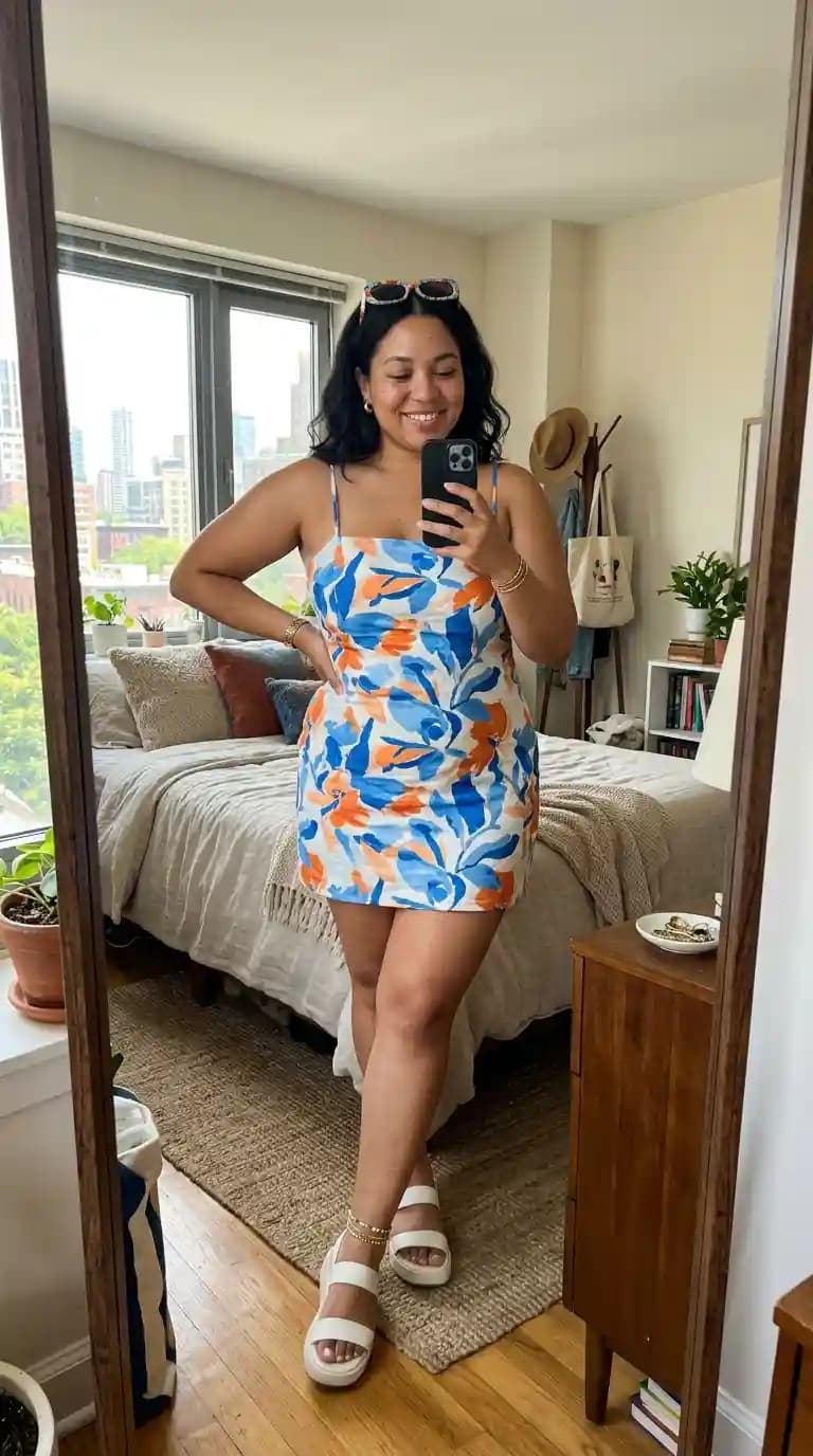Abstract Floral Mini Dress + White Platform Sandals + Sunglasses