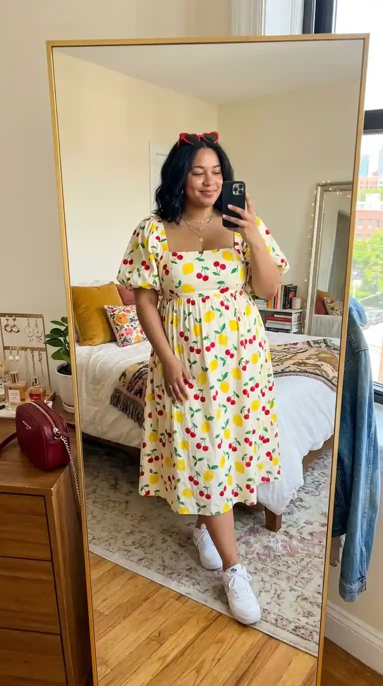 Yellow Lemon and Cherry Print Midi Dress + White Sneakers + Red Sunglasses