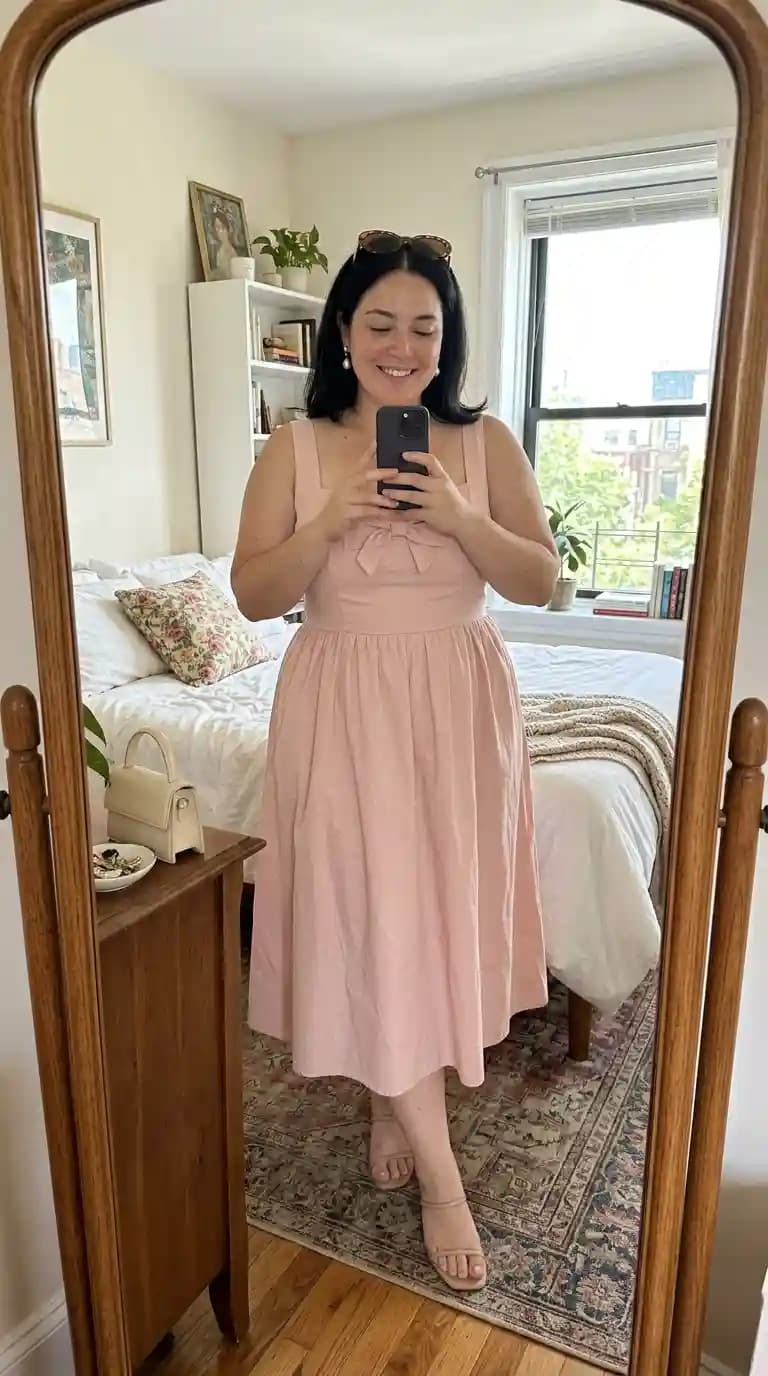 Pale Pink Bow Detail Midi Dress + Nude Heeled Sandals + Beige Handbag