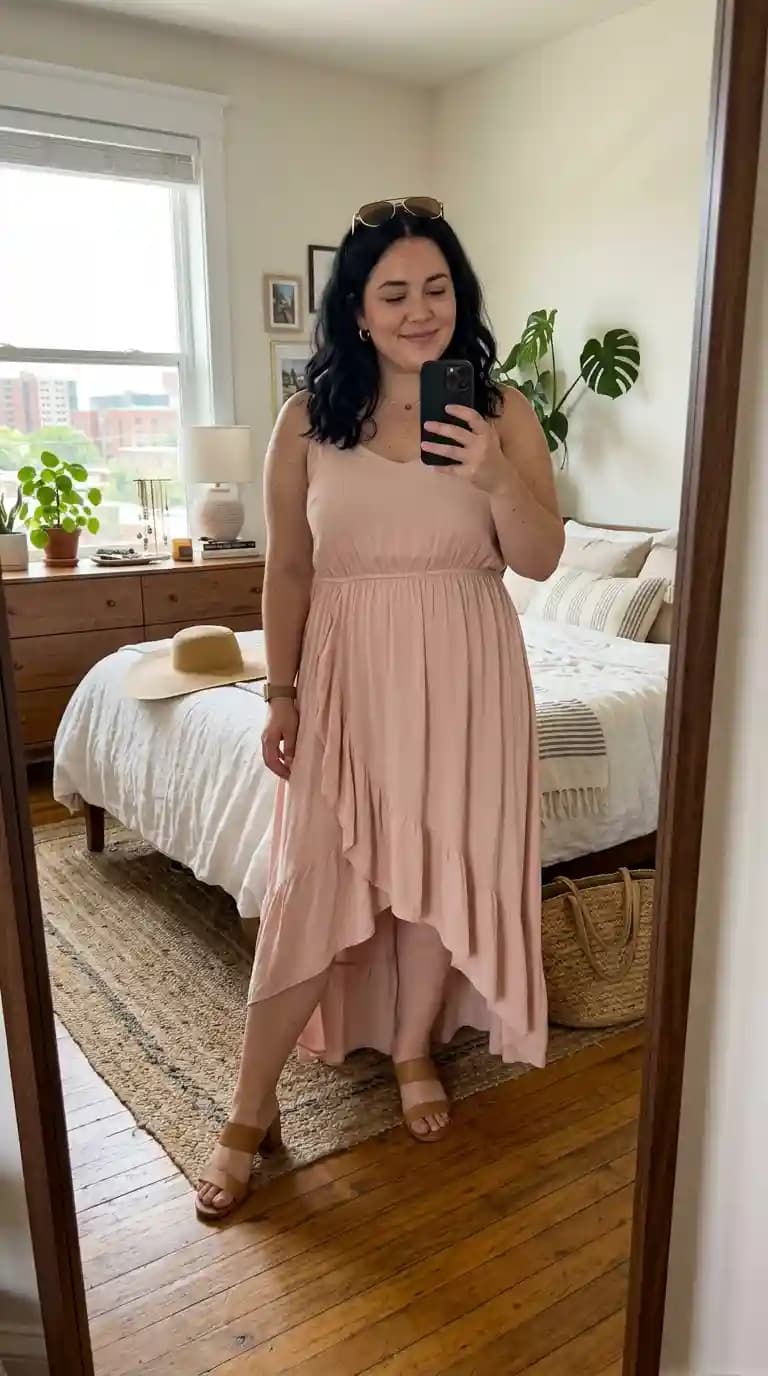 Blush Pink Ruffle Asymmetric Hem Dress + Tan Wedge Sandals + Straw Hat