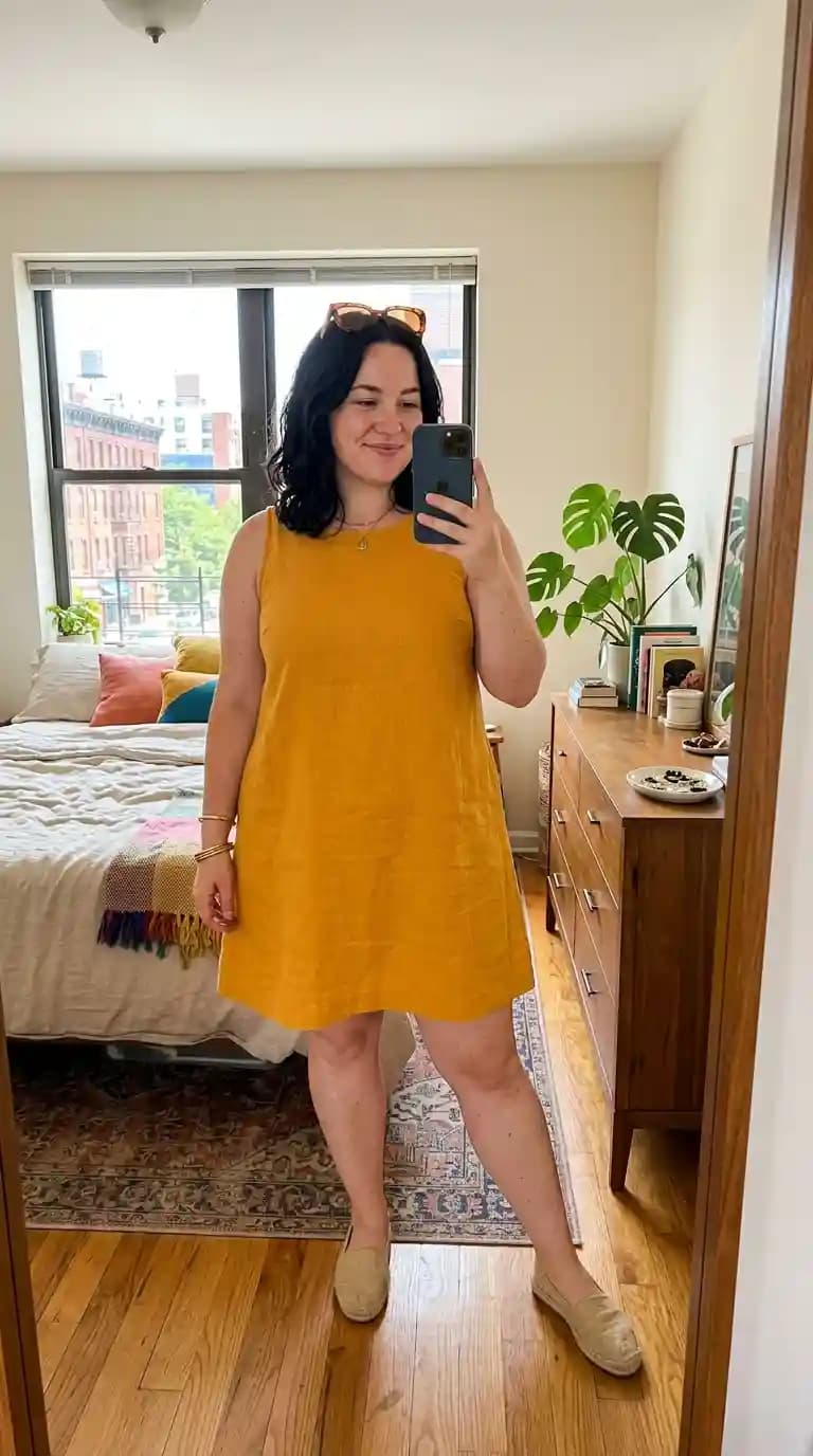 Mustard Yellow Linen Shift Dress + Tan Espadrilles + Sunglasses