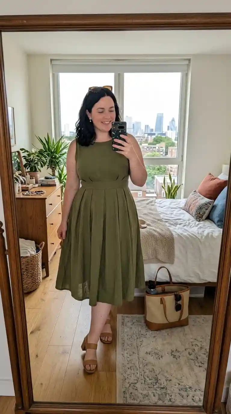 Olive Green Pleated Midi Dress + Tan Block Heels + Straw Hat