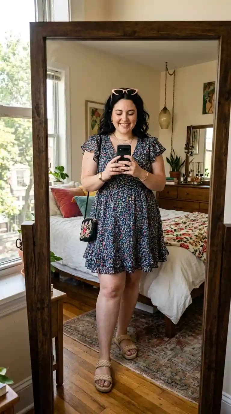 Navy Floral Print Mini Dress + Tan Espadrille Sandals + Crossbody Bag
