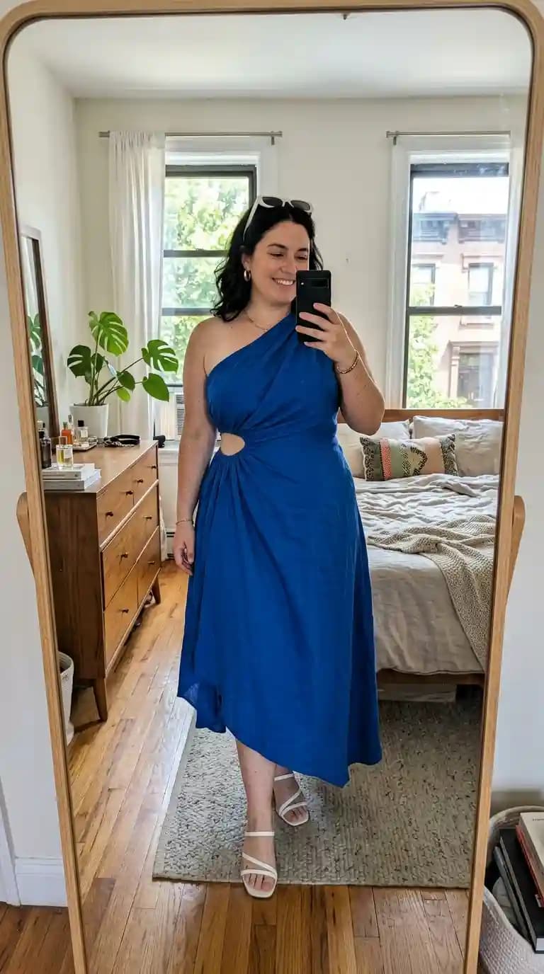 Royal Blue One-Shoulder Cut-Out Dress + White Strappy Heels + White Sunglasses