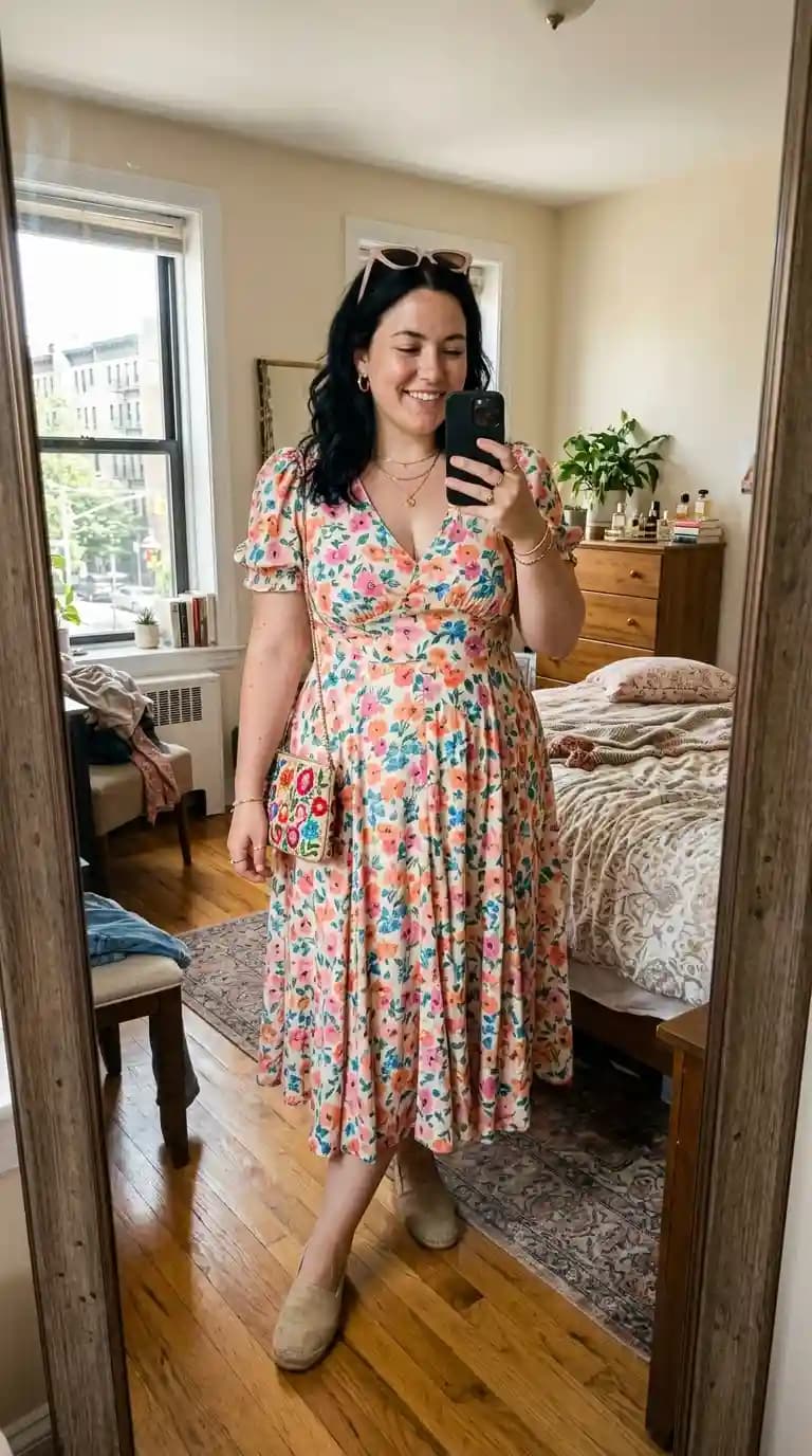 Floral Print Wrap Midi Dress + Tan Espadrilles + Woven Crossbody Bag