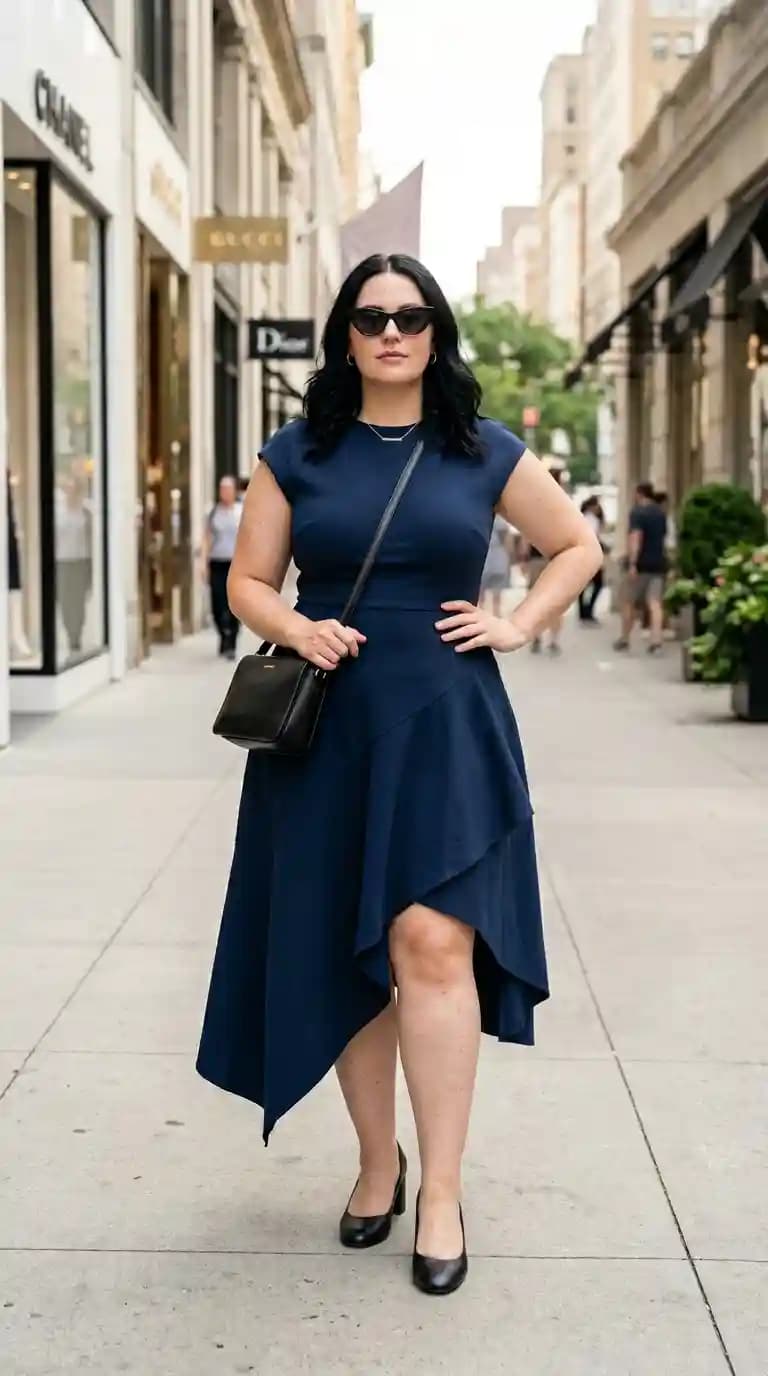 Navy Asymmetric Hem Dress + Black Heels + Black Crossbody Bag