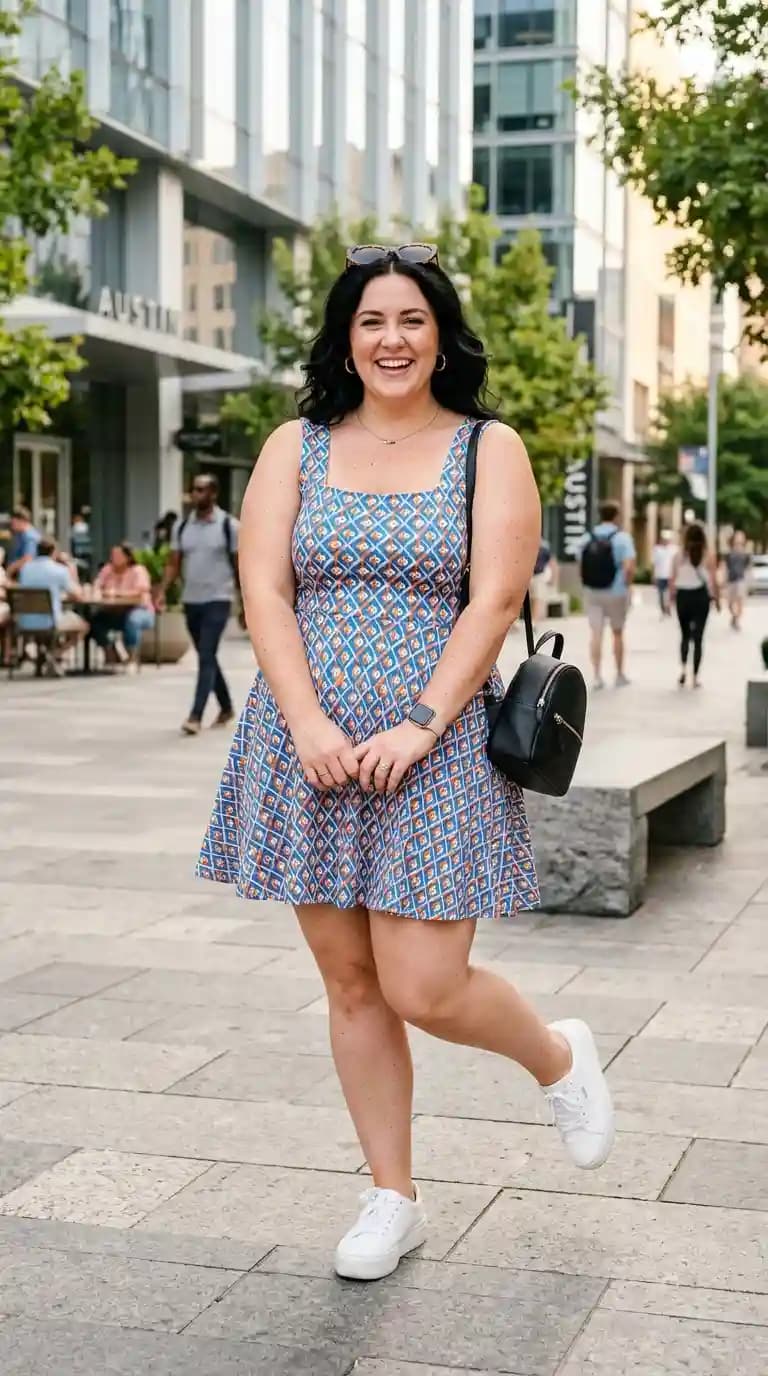 Geometric Print Mini Dress + White Sneakers + Black Backpack