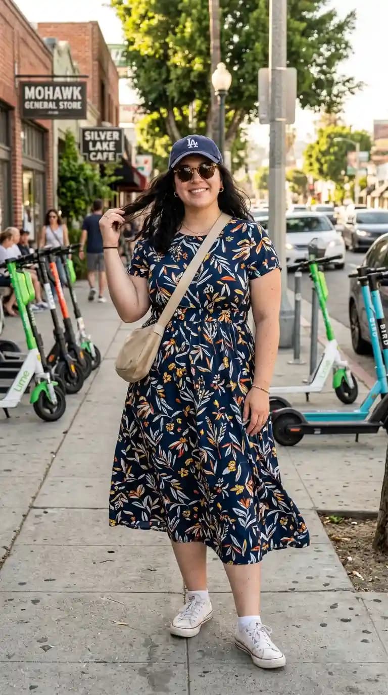 Navy Floral Print Midi Dress + White Sneakers + Baseball Cap
