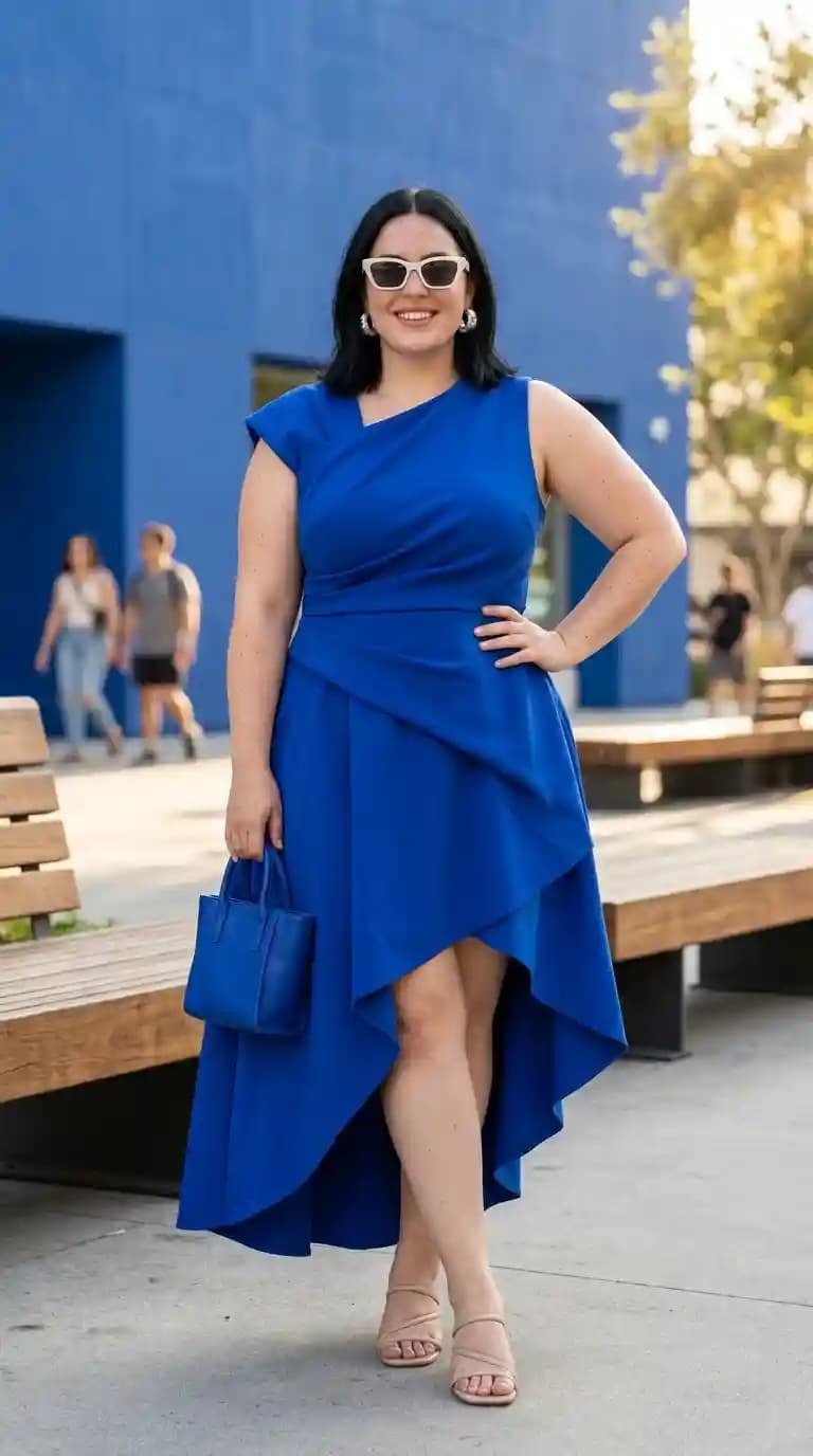 Royal Blue Asymmetric Dress + White Sunglasses + Black Handbag