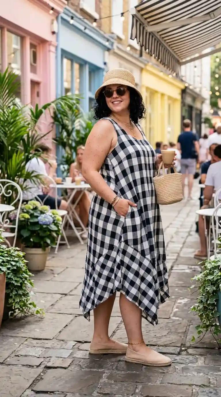 Black and White Gingham Sundress + Straw Bucket Hat + Espadrilles