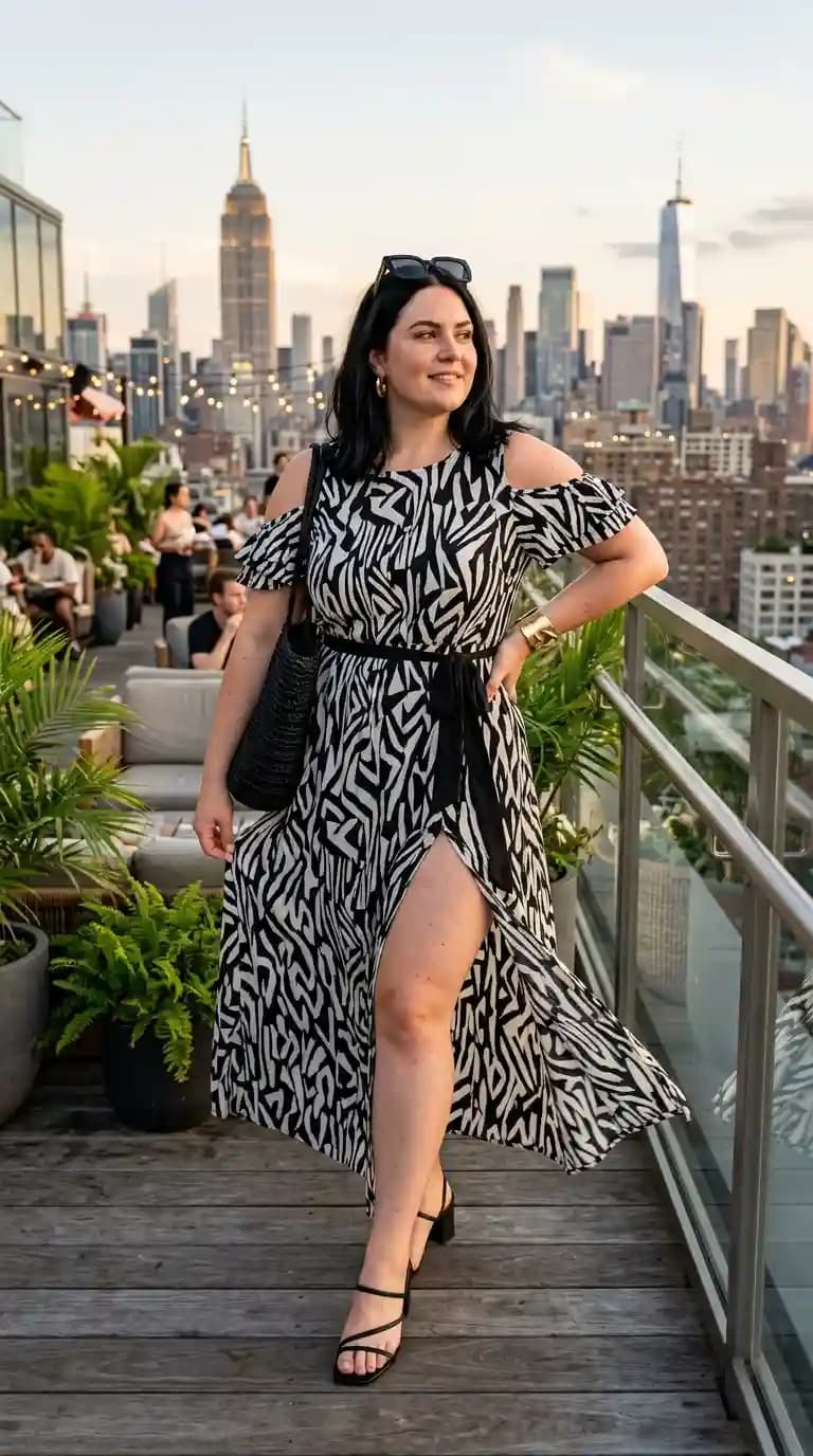 Black and White Zebra Print Cold-Shoulder Dress + Black Belt + Black Heels
