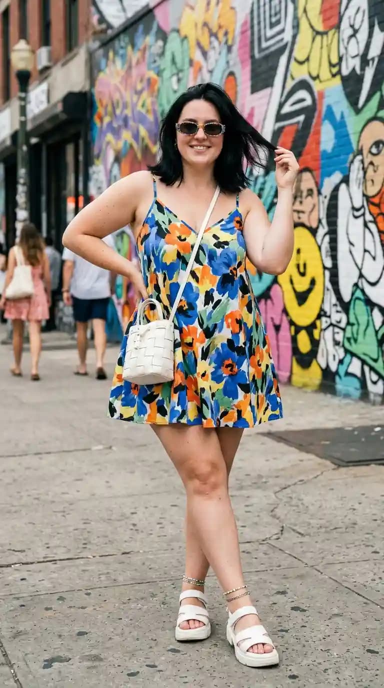 Floral Print Mini Dress + White Crossbody Bag + White Platform Sandals