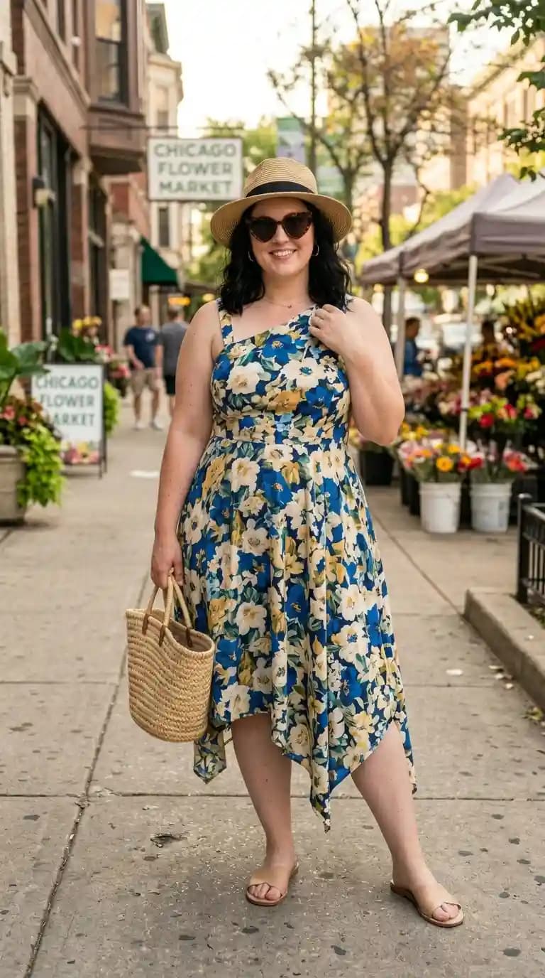 Blue Floral Print Asymmetric Dress + Straw Tote Bag + Flat Sandals