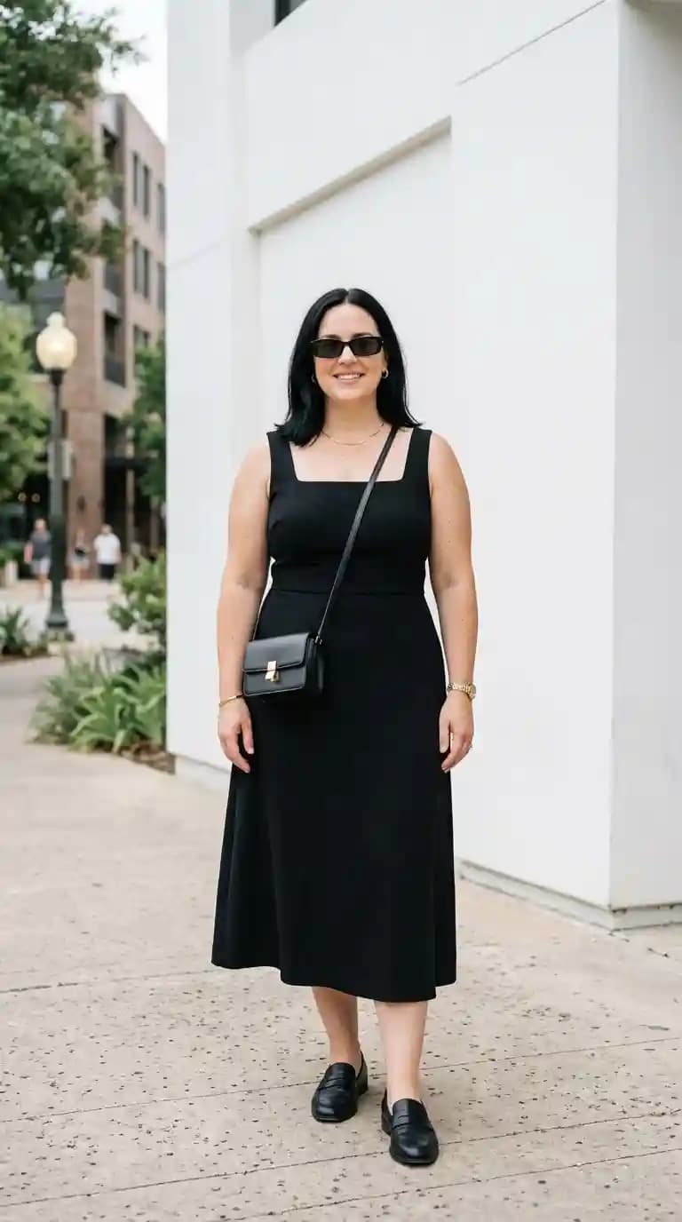 Black Square Neck Midi Dress + Black Crossbody Bag + Black Loafers