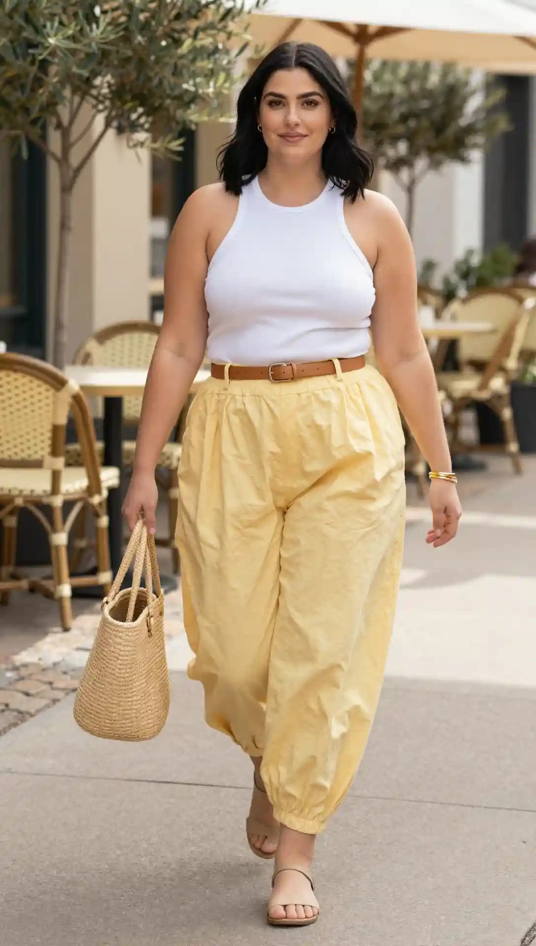 White Ribbed Tank Top + Yellow Cropped Pants + Brown Belt