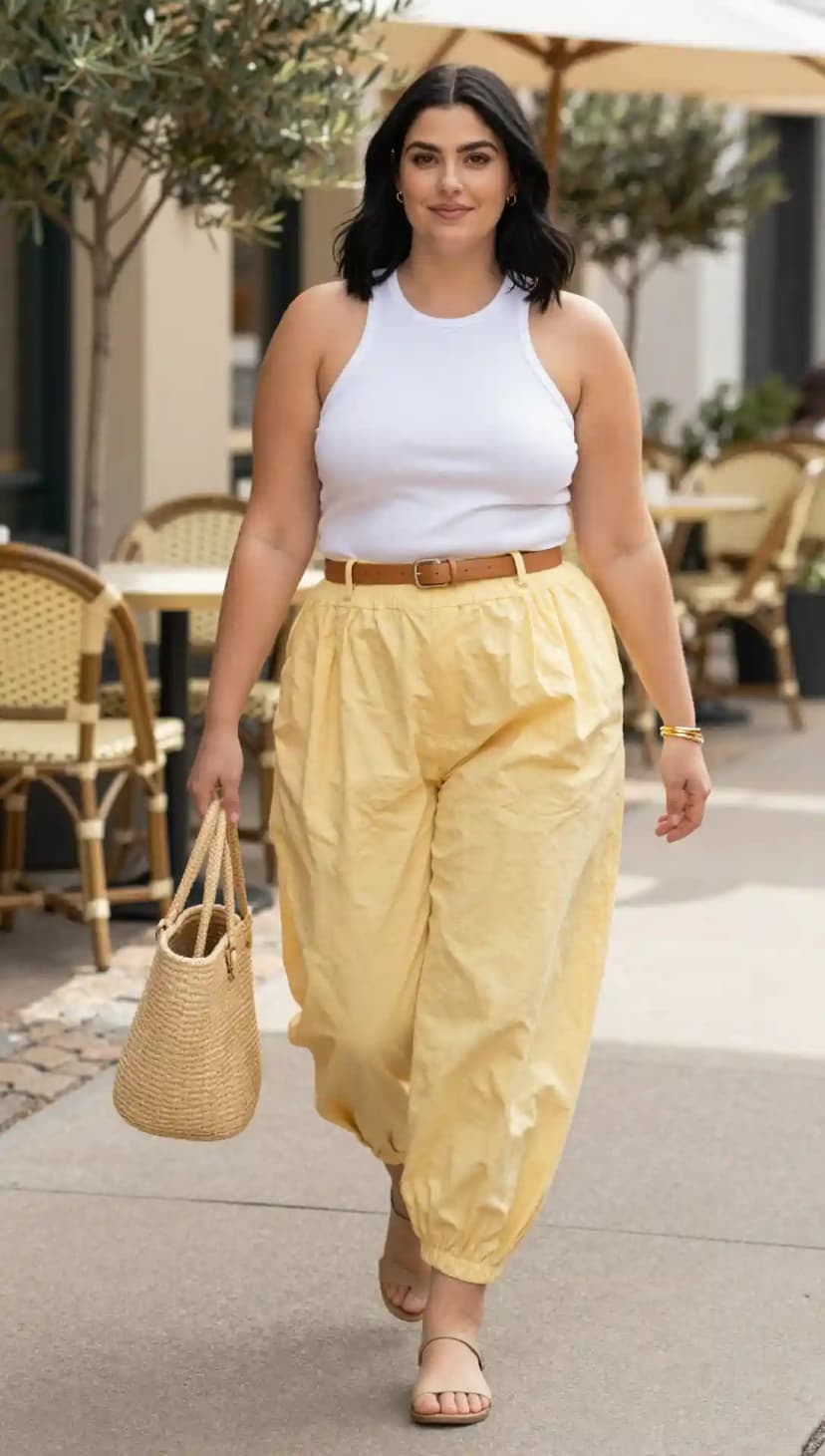 White Ribbed Tank Top + Yellow Cropped Pants + Brown Belt + Straw Tote Bag + Brown Slides