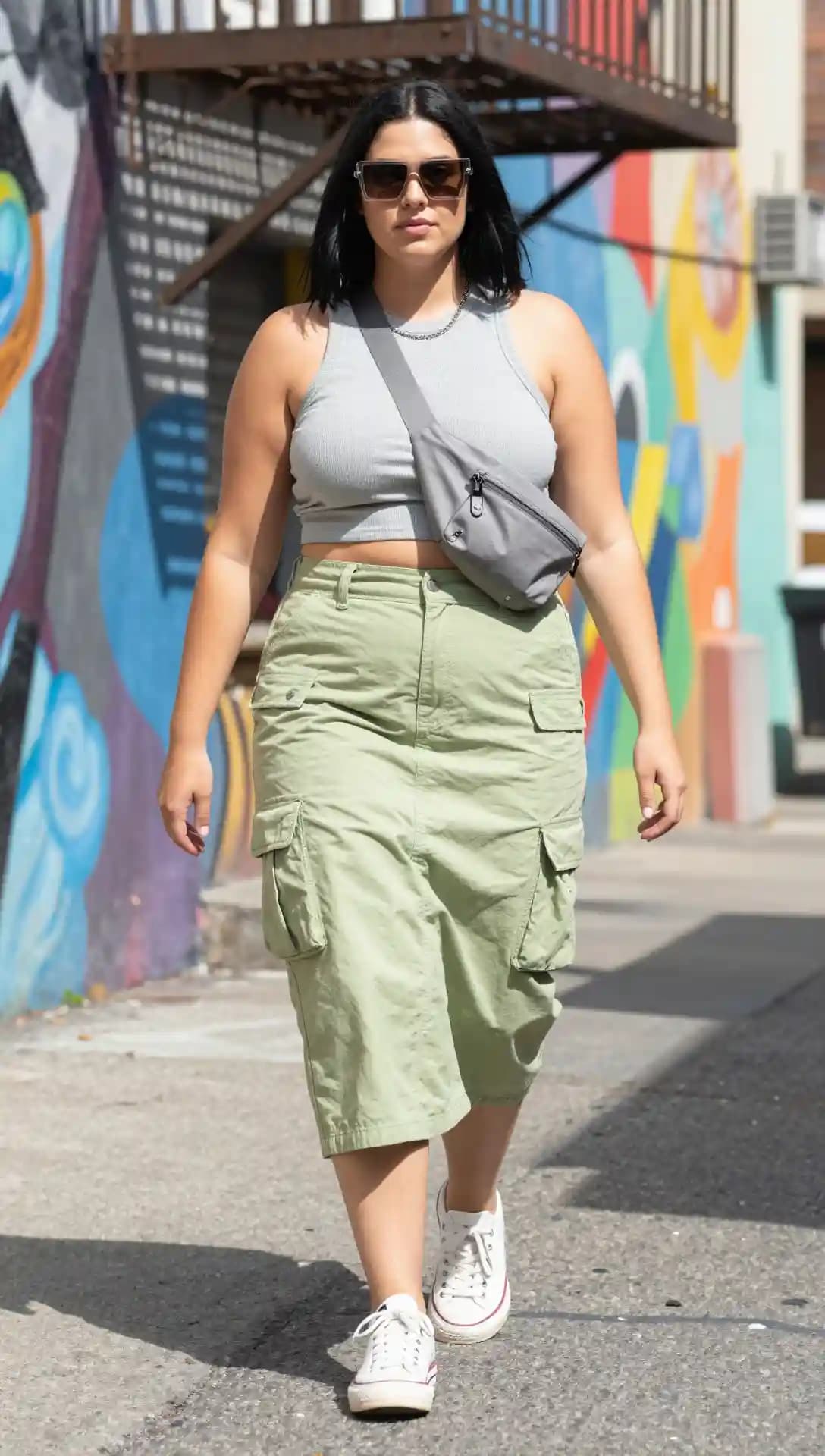 Grey Ribbed Crop Tank Top + Olive Green Cargo Skirt + White Sneakers