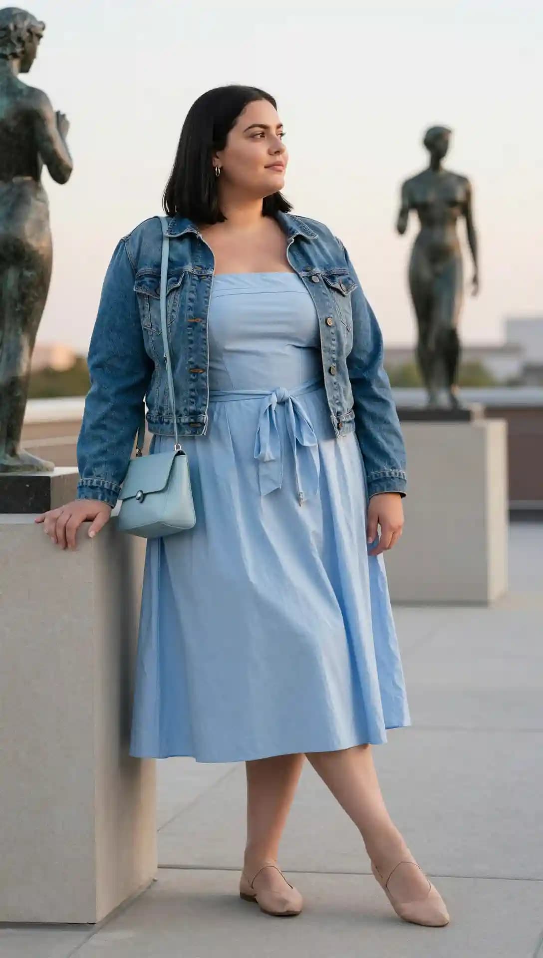 Light Blue Strapless Dress + Denim Jacket + Nude Ballet Flats
