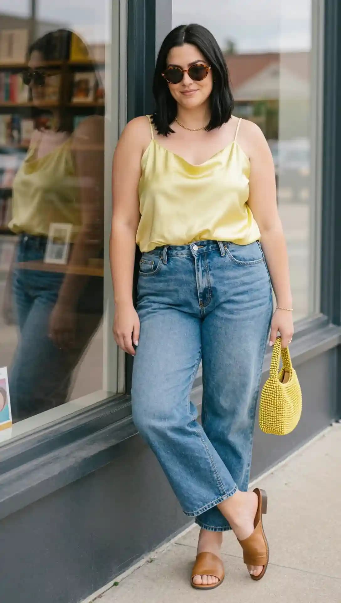 Yellow Cowl Neck Satin Top + Blue Straight Leg Jeans