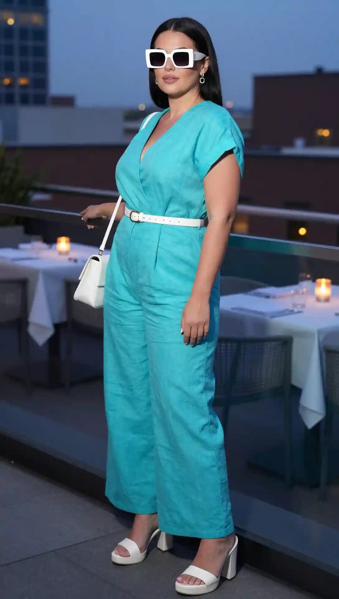 Teal Linen Jumpsuit + White Belt + White Platform Mules