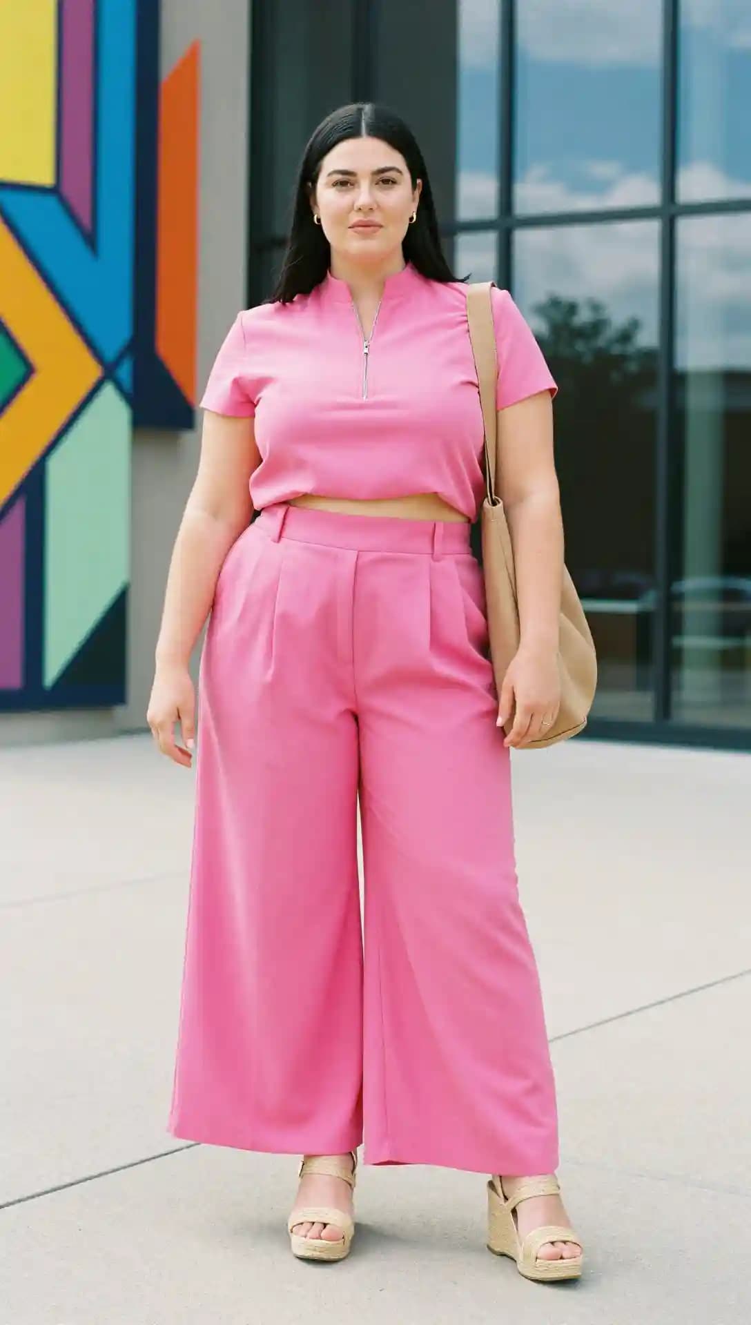 Pink Cropped Zip-Up Top + Pink Wide-Leg Pants + Beige Espadrille Wedges