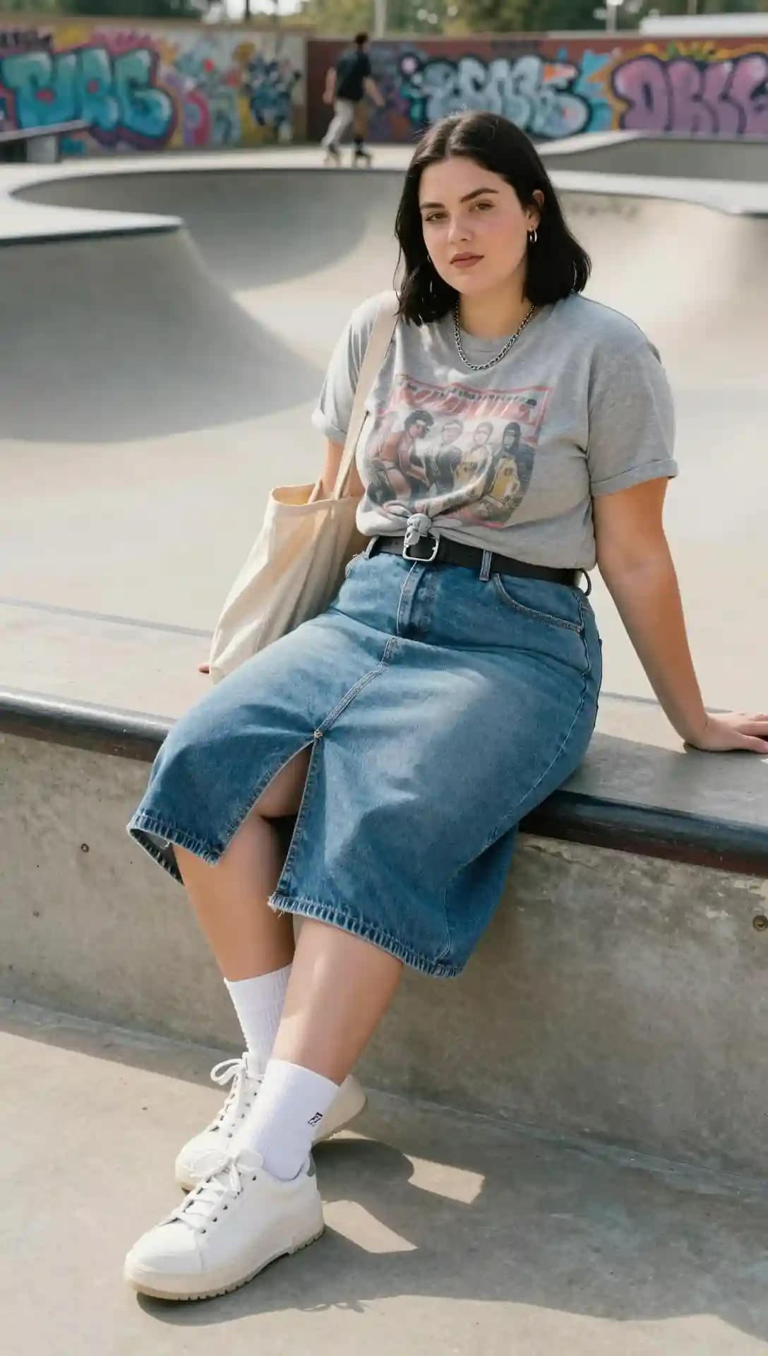 Grey Graphic T-Shirt + Denim Midi Skirt + White Sneakers