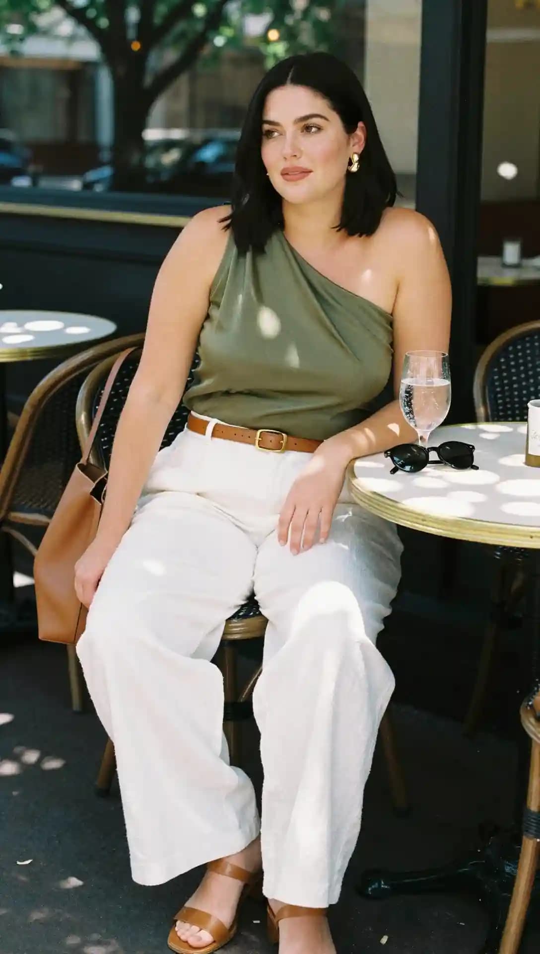 Olive Green One-Shoulder Top + Cream Wide-Leg Pants