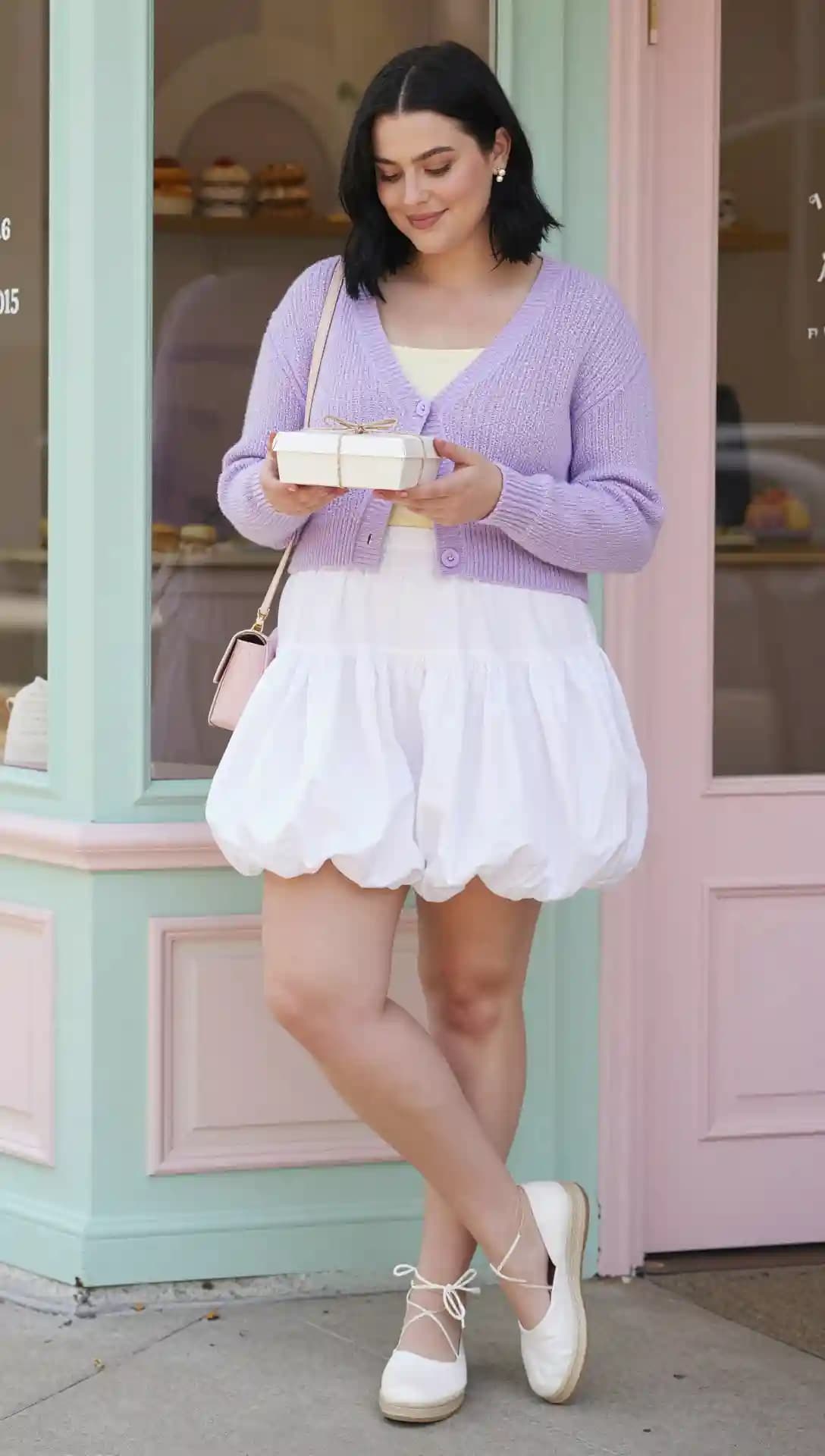 Lilac Cardigan + Yellow Cami + White Bubble Skirt