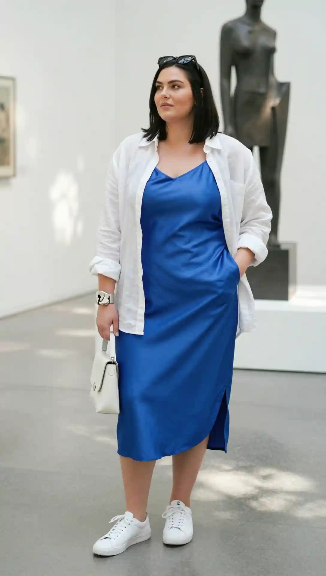 Blue Satin Slip Dress + White Linen Shirt + White Sneakers