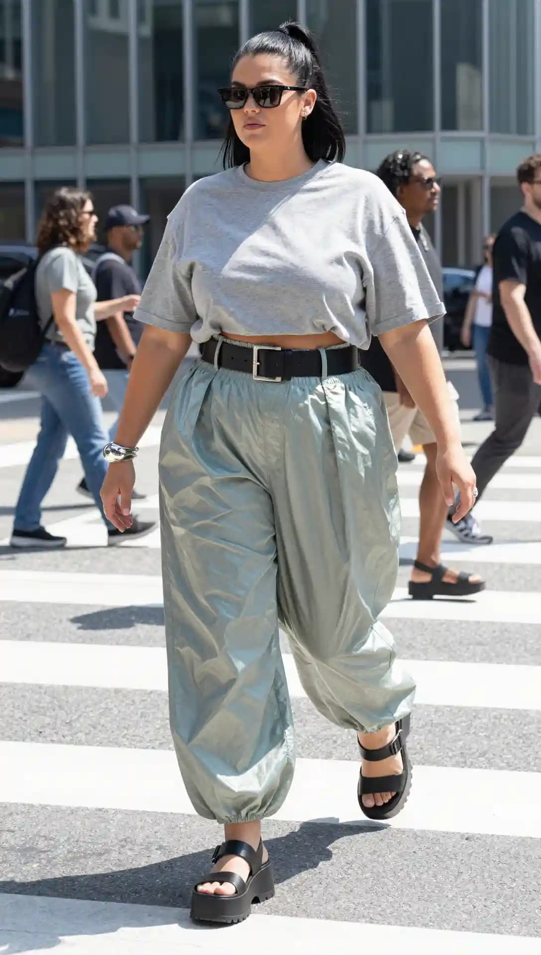 Grey T-Shirt + Mint Green Cargo Skirt + Black Platform Sandals